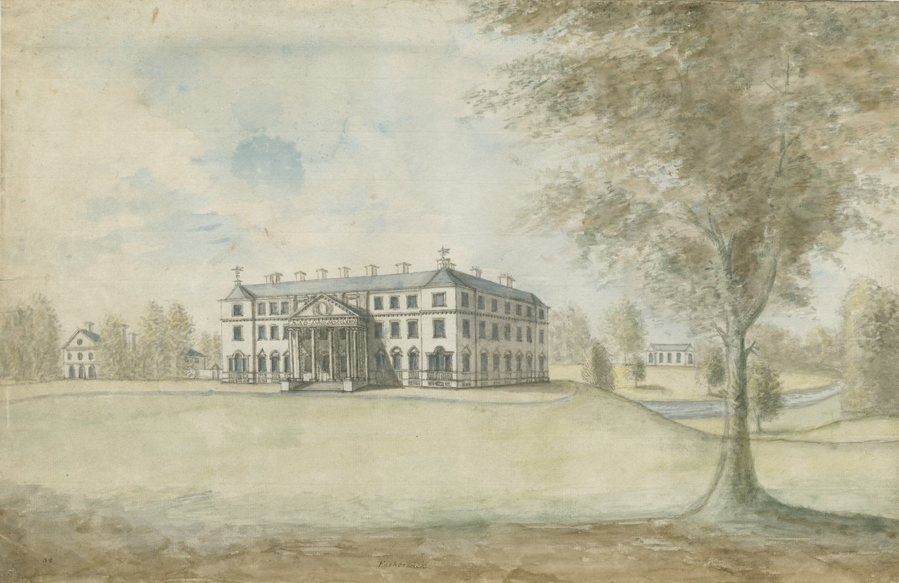 Fisherwick Hall: vandfarvemaleri, nd [1774-1802] af Stebbing Shaw