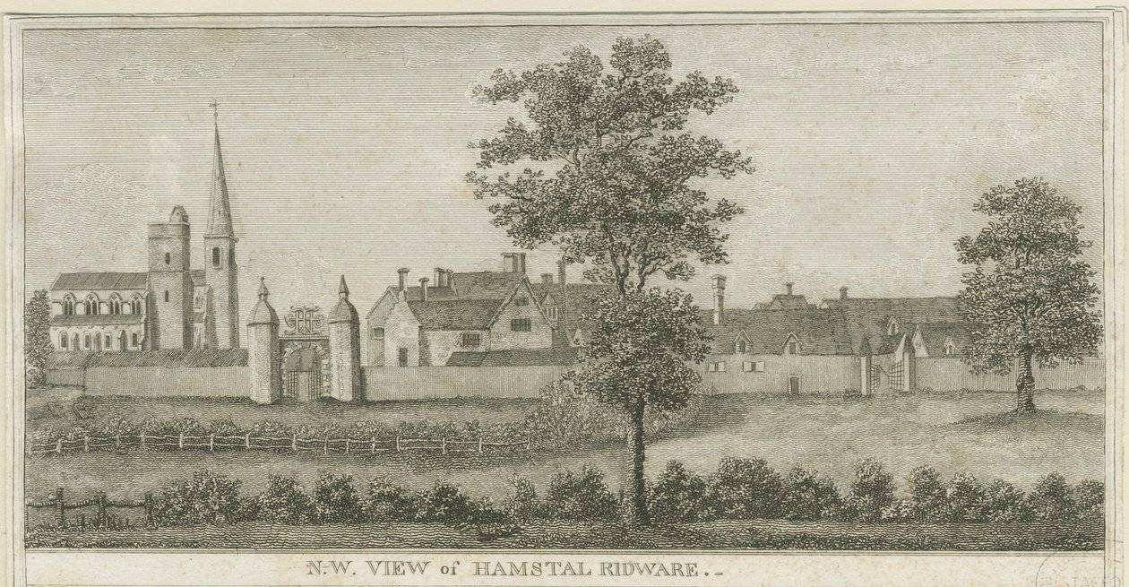 Hamstall Ridware - Kirke og Herregård: gravering, nd [1762-1802] (tryk) af Stebbing Shaw