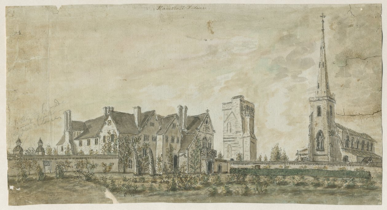 Hamstall Ridware - Kirke og Herregård: vandfarvemaleri, nd [1762-1802] af Stebbing Shaw