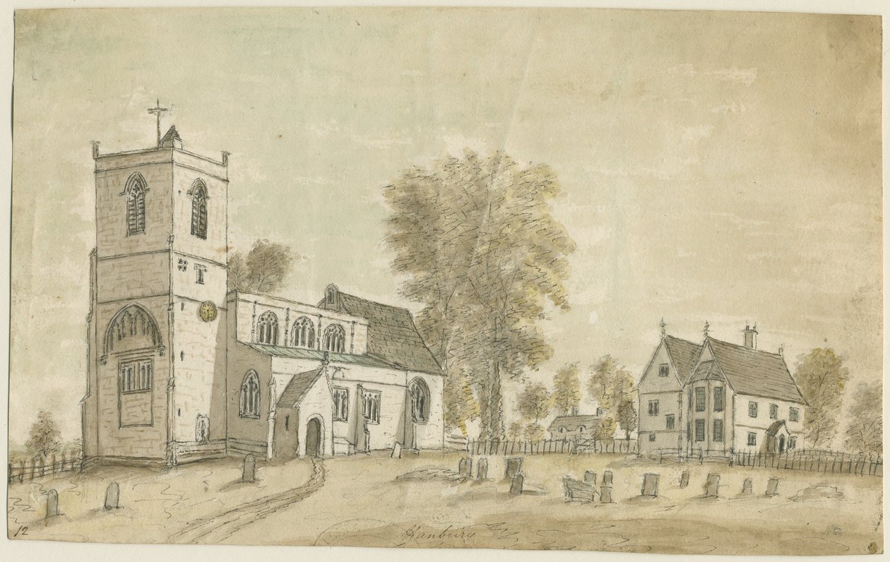 Hanbury Church: vandfarvemaleri, 1791 af Stebbing Shaw