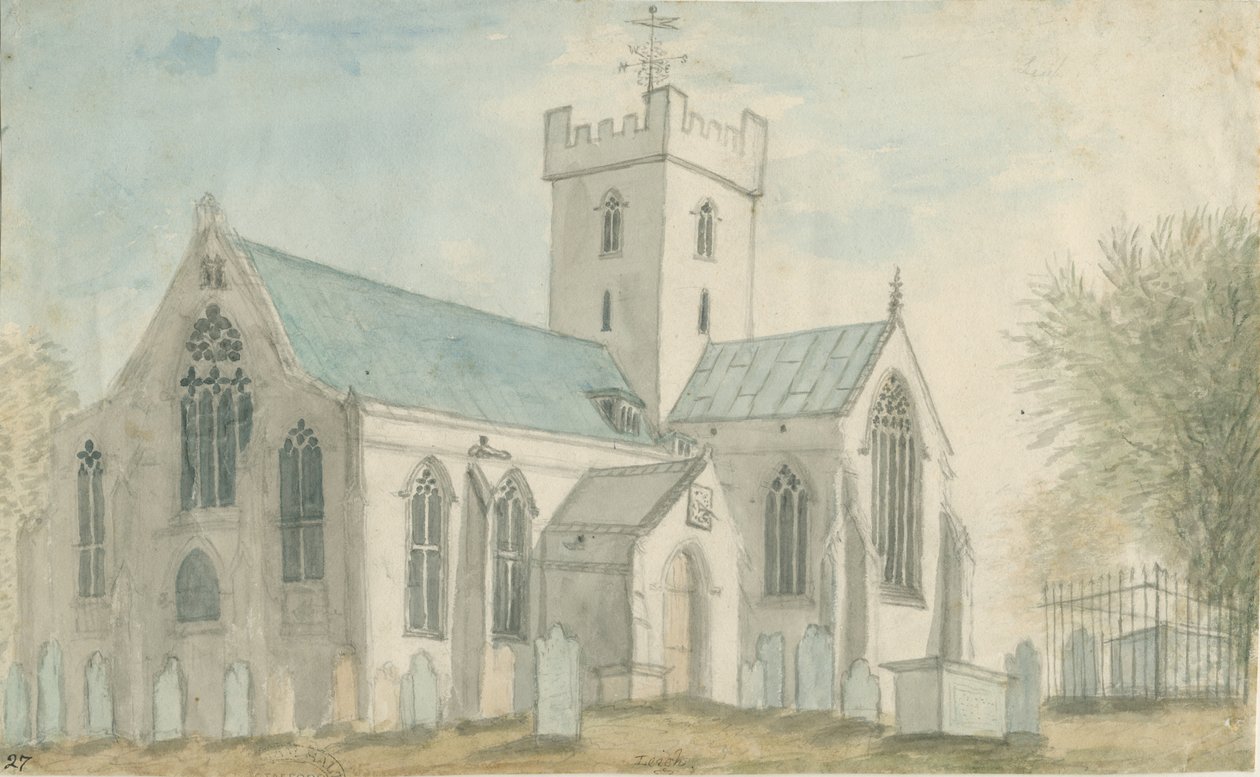 Leigh Church: akvarelmaleri og [c 1795] af Stebbing Shaw