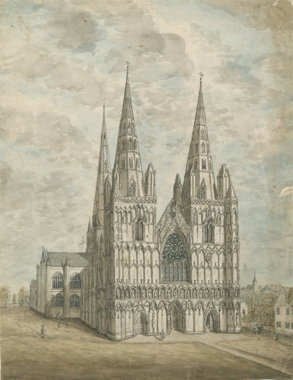 Lichfield Cathedral - West Front: watercolor painting, nd [1762-1802] dani af Stebbing Shaw