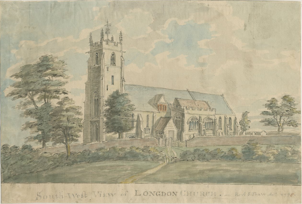 Longdon Church: vandfarvemaleri, 1795/6 af Stebbing Shaw