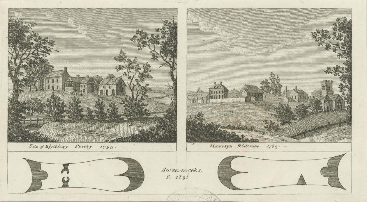 Mavesyn Ridware - Site of Blythbury Priory: engraving, 1795dani af Stebbing Shaw