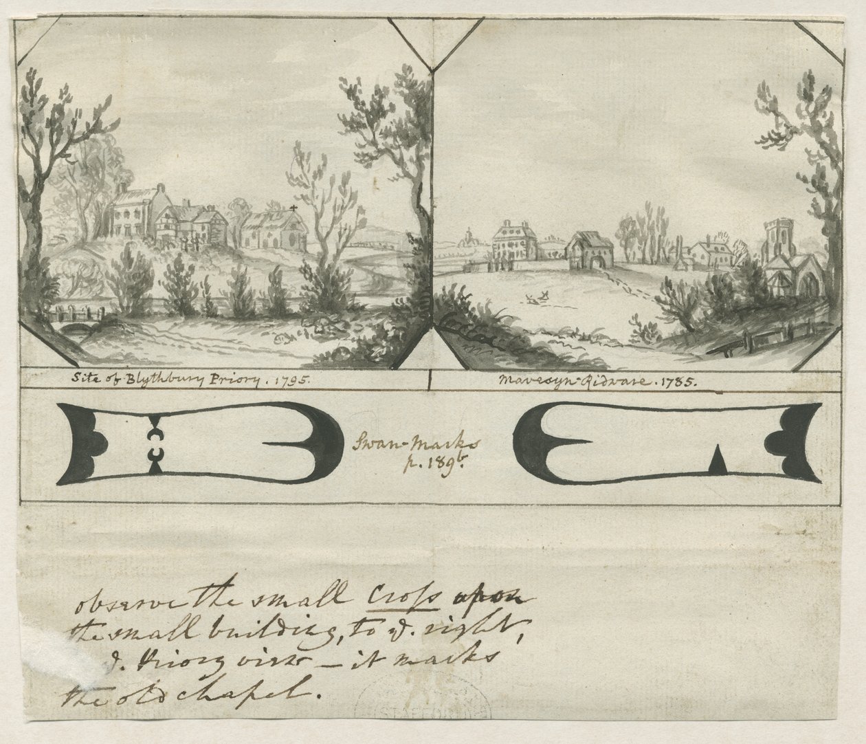 Mavesyn Ridware - Site of Blythbury Priory: indian ink drawing, 1795dani af Stebbing Shaw