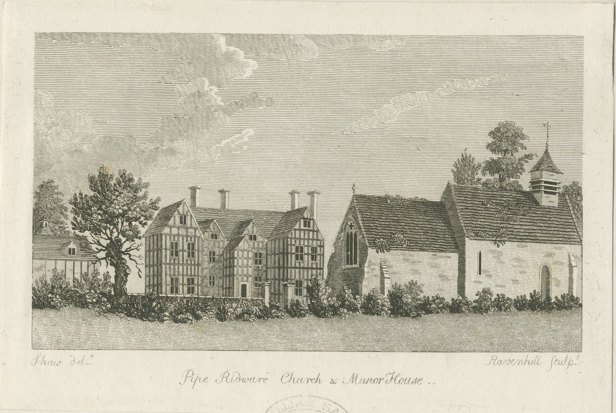 Pipe Ridware kirke og herregård: gravering, nd [1762-1798] af Stebbing Shaw