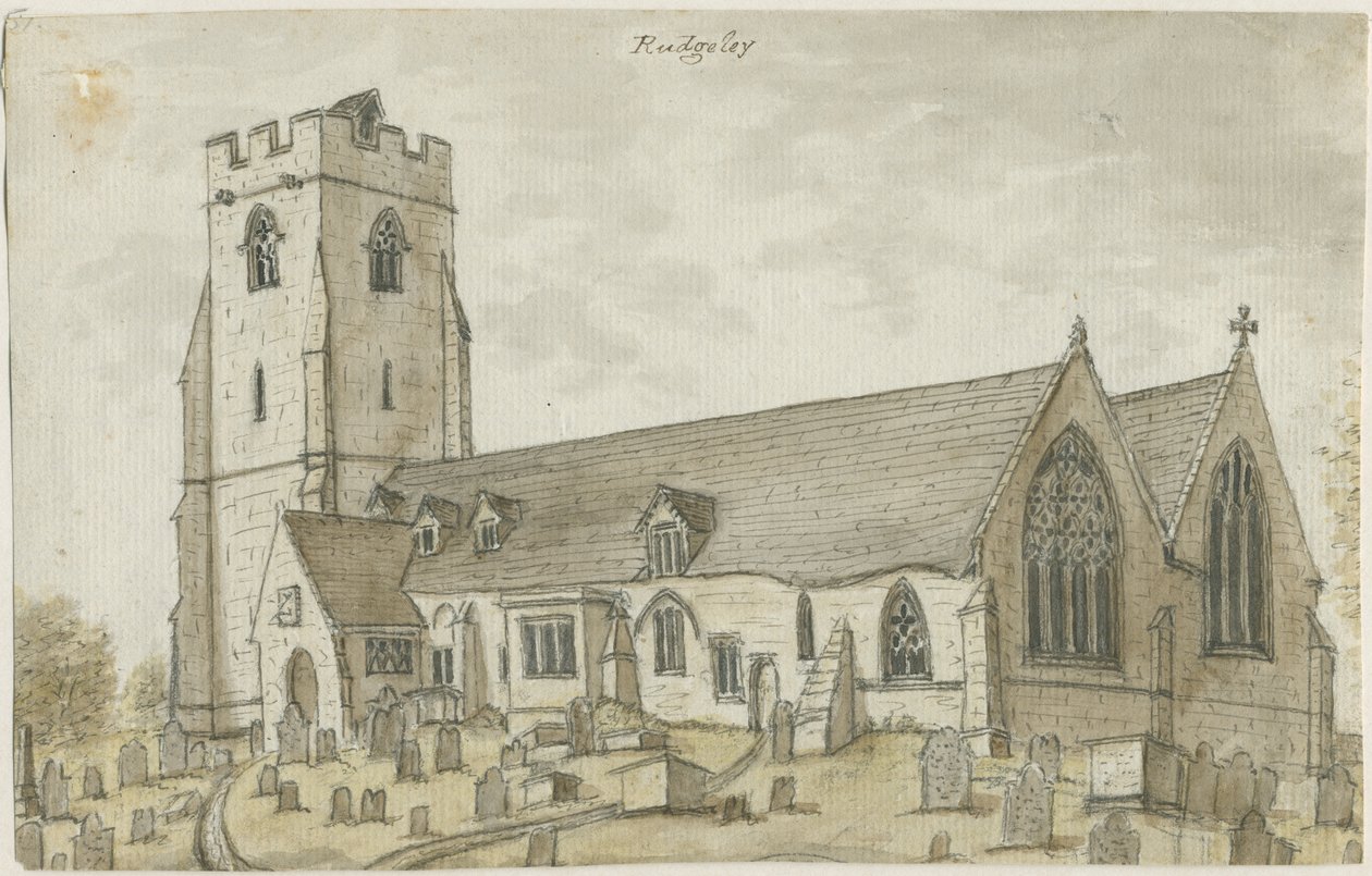 Rugeley Church (gammel): vandfarvemaleri, nd [1762-1802] (maleri) af Stebbing Shaw