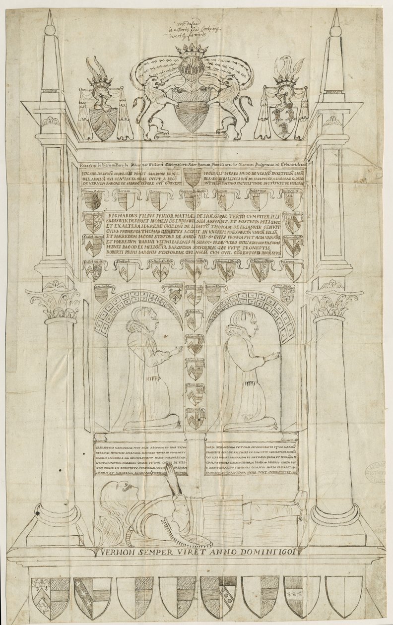 Sandon Church - Tomb of Sampson Erdeswick: pen- og blæktegning, nd [?18th cent] (tegning) af Stebbing Shaw