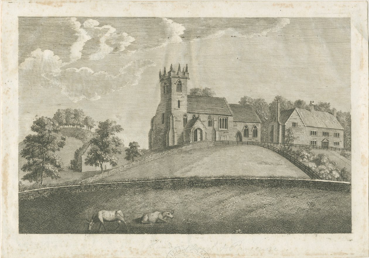 Sandon kirke og præstegård: gravering, nd [1797] (tryk) af Stebbing Shaw