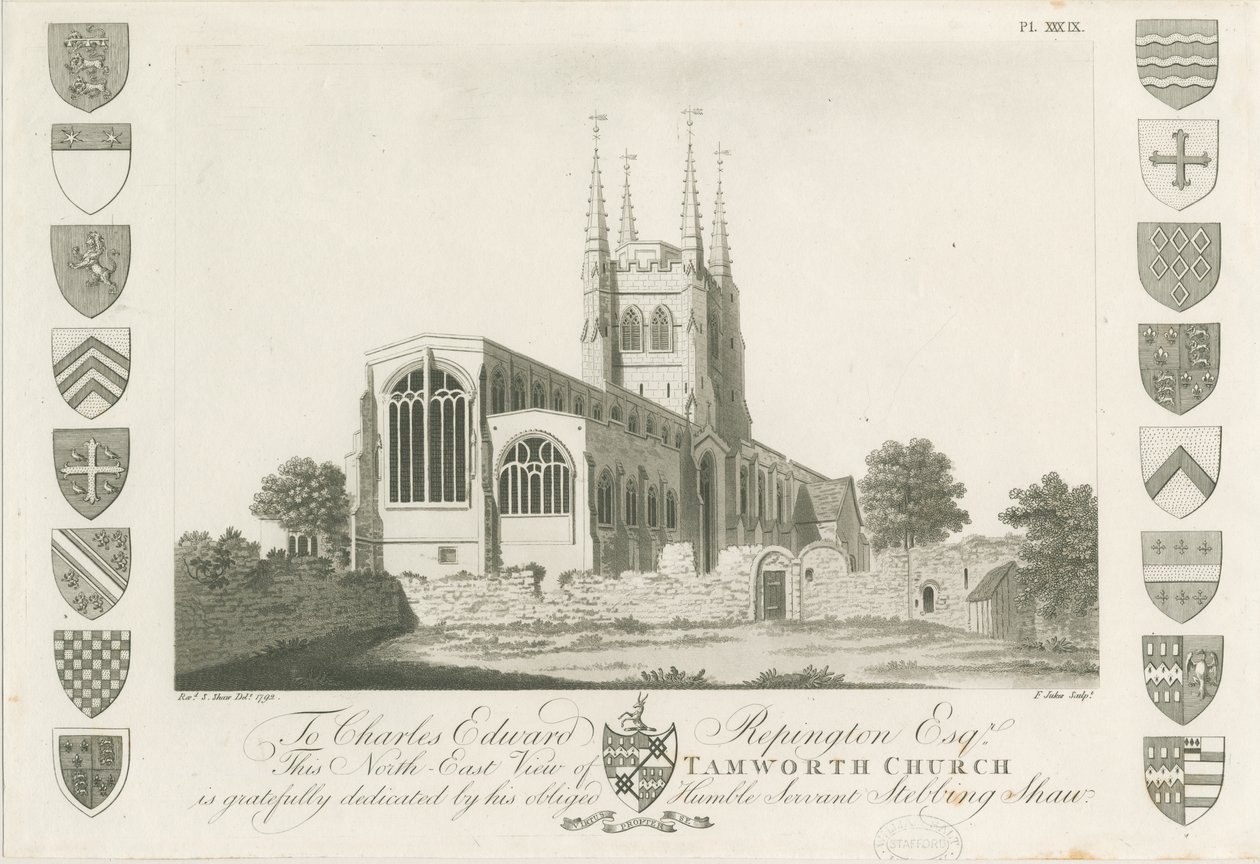 Tamworth Church: akvatintegravering, 1792 af Stebbing Shaw