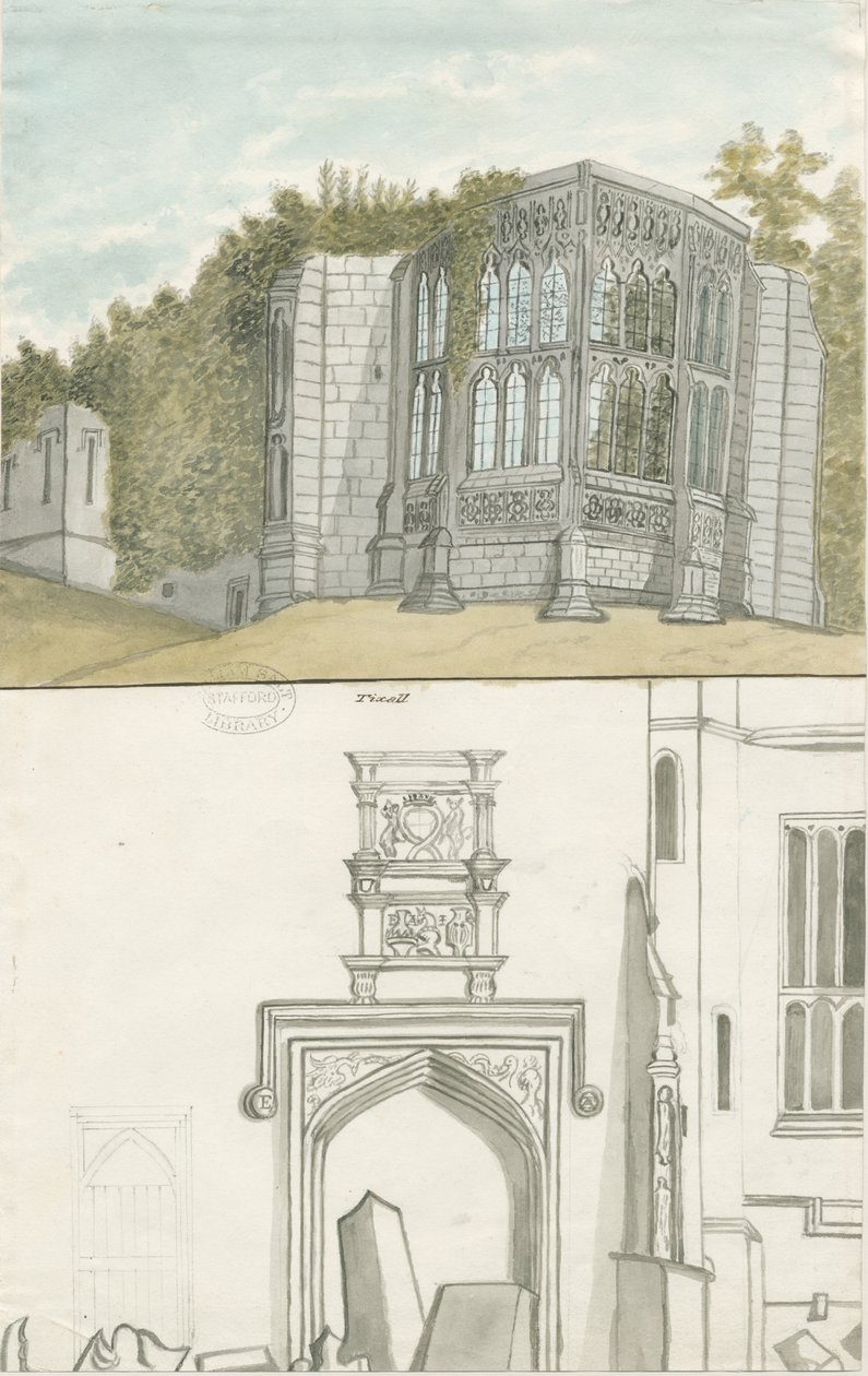 Tixall - Gothic Window and Heraldic Antiquities: vandfarvemaleri, nd [1762-1802] (maleri) af Stebbing Shaw
