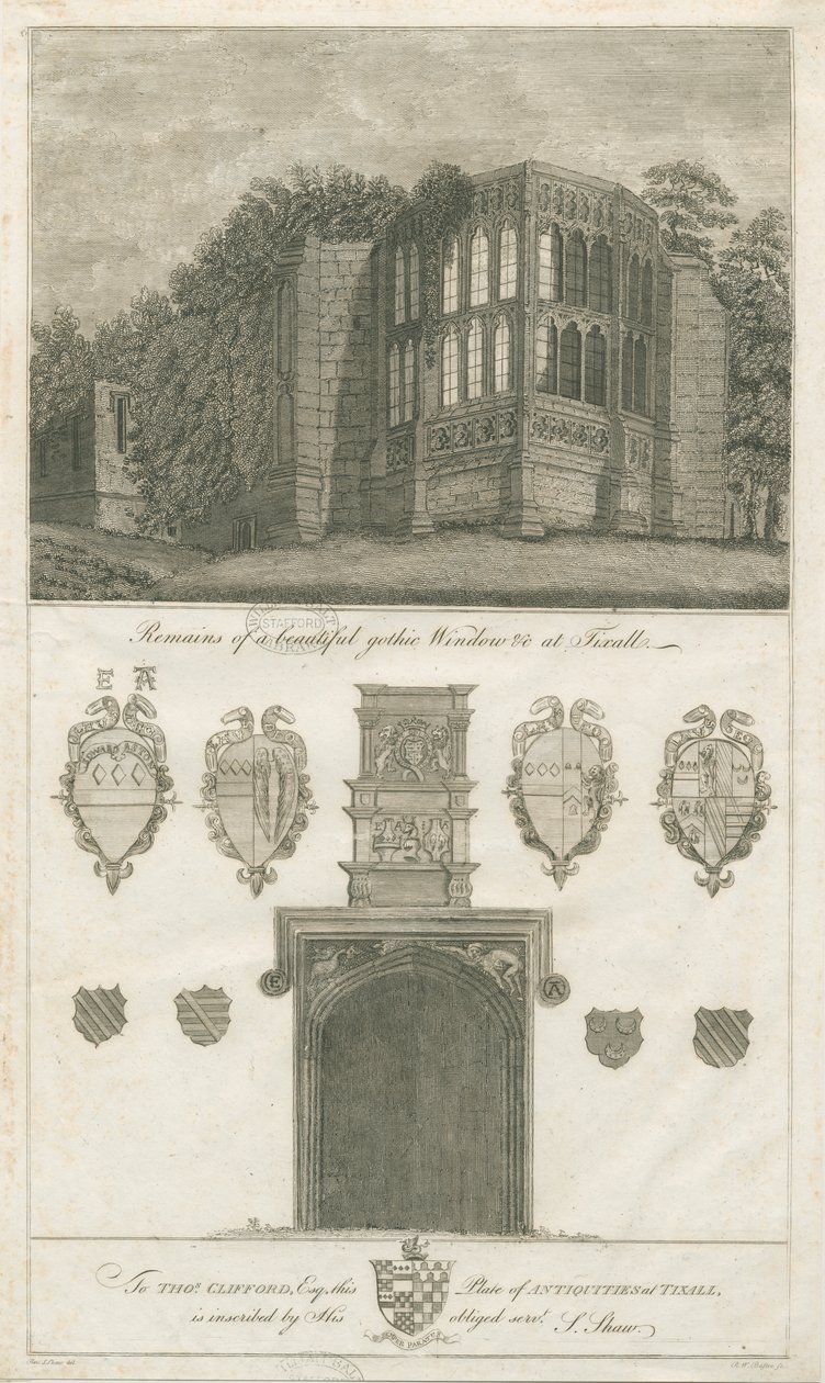 Tixall Hall - Gotisk vindue og heraldiske antikviteter: gravering, nd [1762-1802] (tryk) af Stebbing Shaw