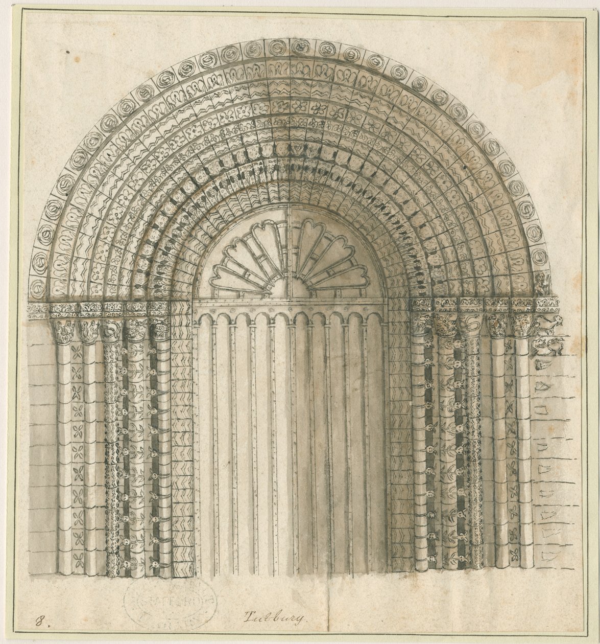 Tutbury Priory Church - Arch in West Door: pen og sepia tegning, nd [1762-1802] (tryk) af Stebbing Shaw