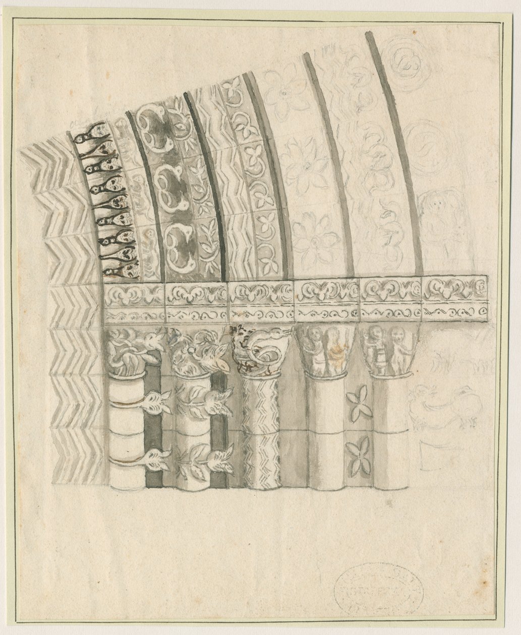 Tutbury Priory Church - West Doorway: pen og sepia tegning, nd [1762-1802] af Stebbing Shaw