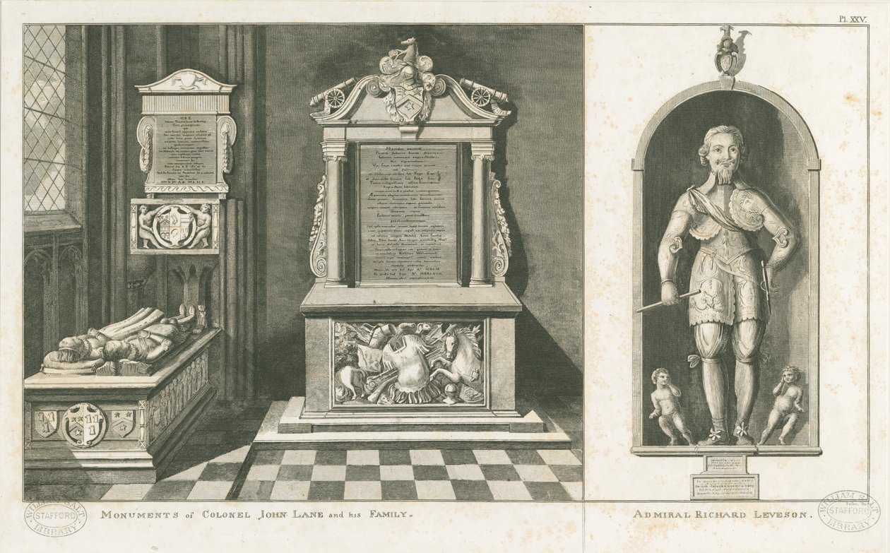 Wolverhampton - Monumenter over oberst John Lane og admiral Richard Leveson: gravering, nd [c 1798] (tryk) af Stebbing Shaw