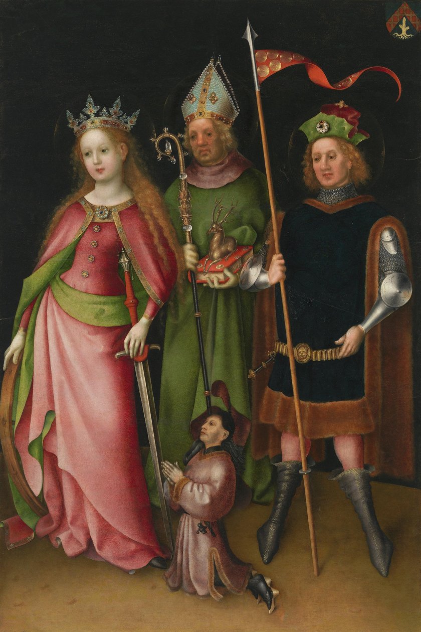 Fløje fra altertavlen med Den Yderste Dom: de hellige Katharina, Hubertus og Quirinus af Neuss med donor af Stefan Lochner