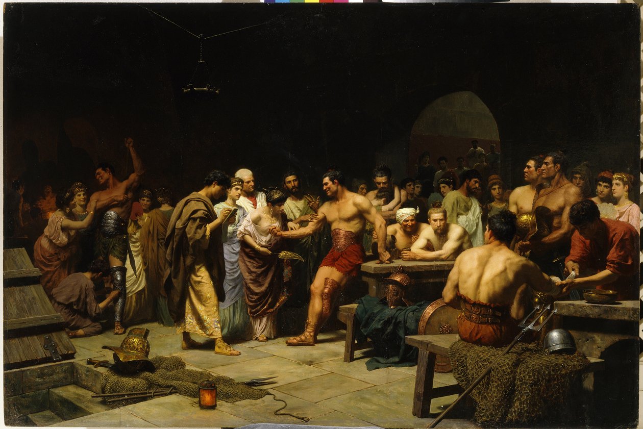 Gladiatorer inden de går ind i arenaen. (Gladiatorerne før en optræden på Arena). Romerske patriciere besøger og vurderer gladiatorernes fysik før kampen, kvinder smigrer og lykønsker kæmperne. Maleri af Stepan ( af Stefan Vladislavovich Bakalowicz