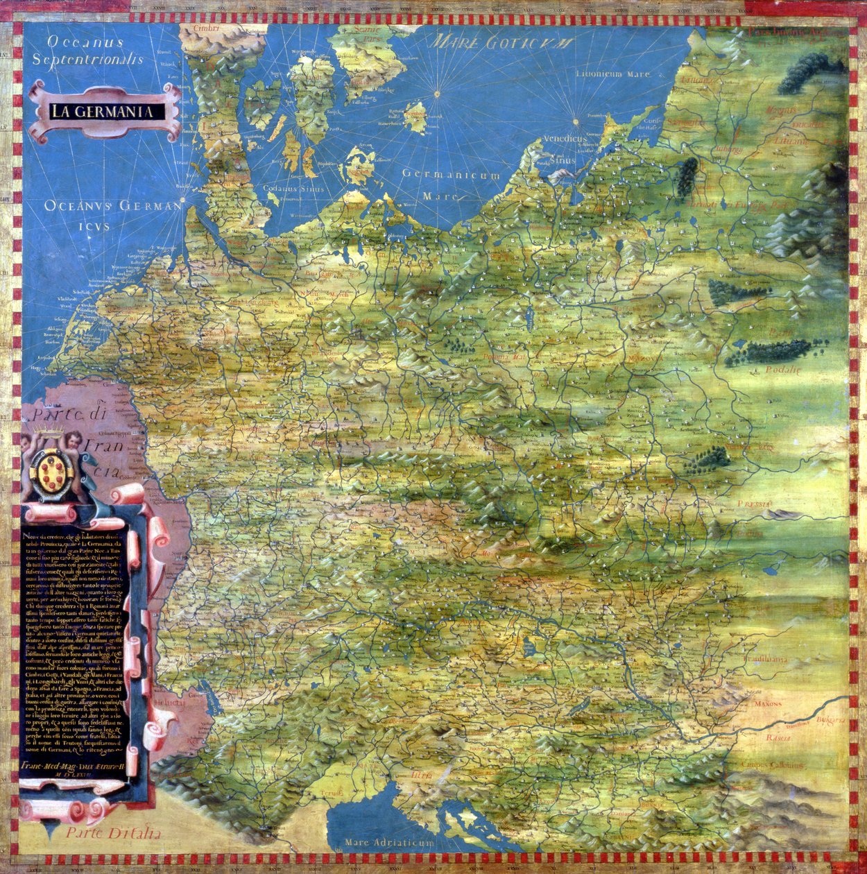 Kort over Tyskland i det sekstende århundrede, fra "Sala delle Carte Geografiche" (sal af geografiske kort) 1575 af Stefano Bonsignori