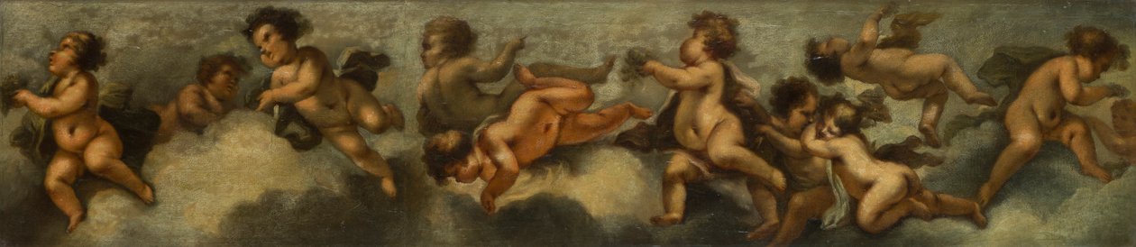 Putti disporting, c.1655-72 (papir lagt på lærred med glasbeskyttelse) af Stefano (after) Magnasco