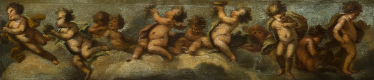 Putti disporting, c.1655-72 (papir lagt på lærred med glasbeskyttelse) af Stefano (after) Magnasco