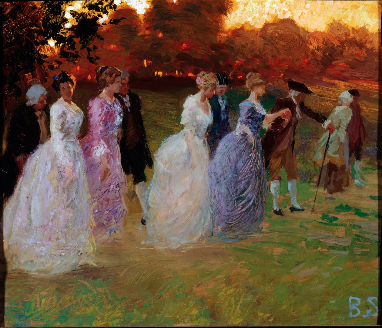 Paladsets tilbagevenden Elegante unge mennesker vender tilbage fra en verdslig begivenhed (fest eller reception) (Retur fra paladset) Maleri af Stefano Baghino (1881-1920) gener, Galleria d