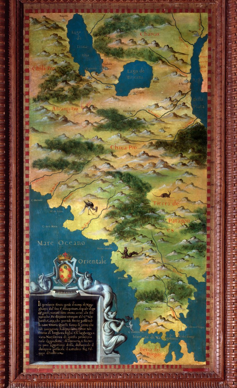 Chile and Magellan Detroit Card lavet af Stefano Bonsignori (? -1589) italiensk kosmograf og maler. Omkring 1581. Firenze, Palazzo Vecchio, Sala del Mappamondo af Stefano Buonsignori