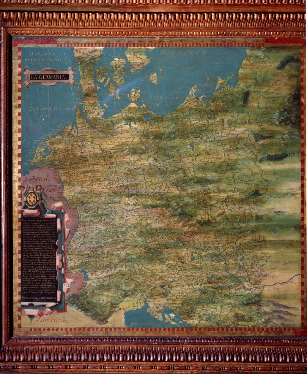 Tysklandskort lavet af Stefano Bonsignori (? -1589) italiensk kosmograf og maler. Omkring 1581. Firenze, Palazzo Vecchio, Sala del Mappamondo af Stefano Buonsignori