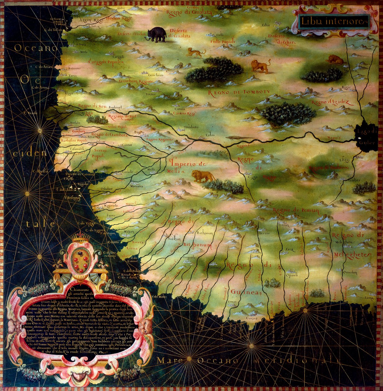 Kort over vestafrikanske kyster (Libyen, Guinee, Sierra Leone, Senegal) af Stefano Bonsignori (Buonsignori) (d. 1589) 1581 Maleri af skabene i Geographic Map Room. Palazzo Vecchio, Sala del Mappamondo Firenze af Stefano Buonsignori