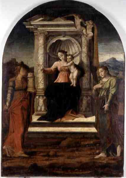 Madonna troner med St. Barbara og St. Lucia (olie på panel) af Stefano Giordano