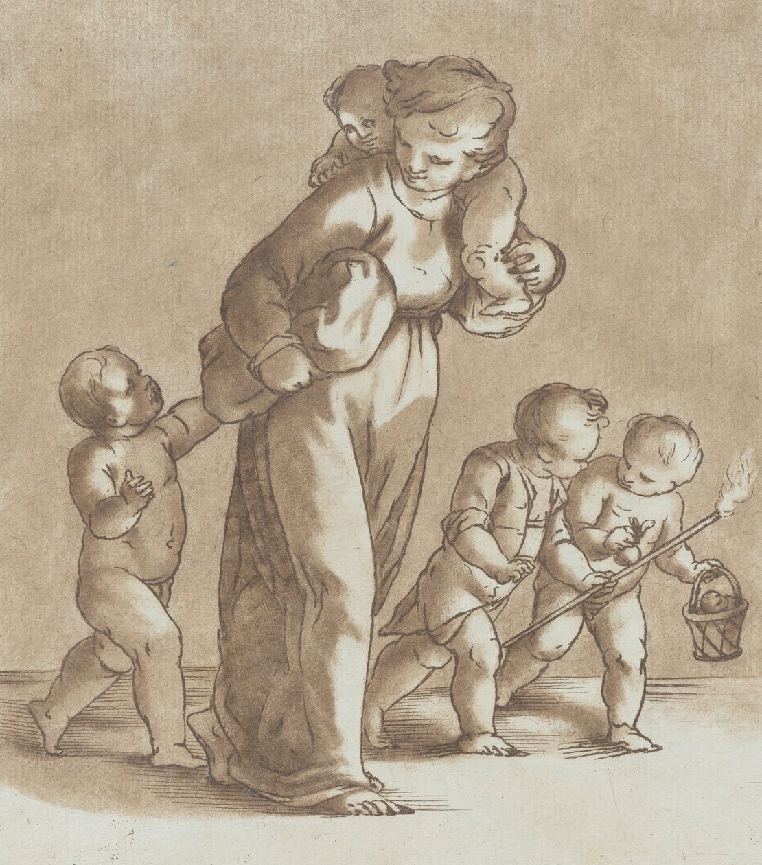 En ung pige går mod venstre med et spædbarn på skulderen og holder et andet..., ca. 1780. af Stefano Mulinari