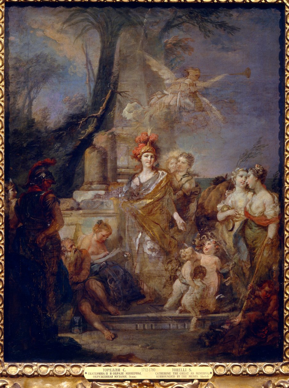 Kejserinde Catherine II (1729-1796) som Minerva i musernes kreds. Maleri af Stefano Torelli (1712-1784), olie på lærred. italiensk kunst af Stefano Torelli