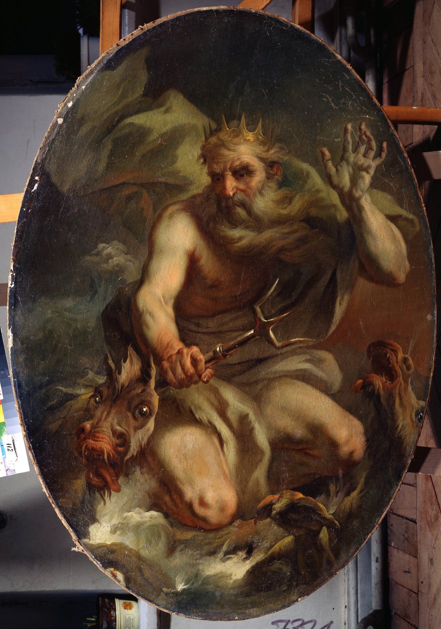 Neptun (Poseidon) med en krone og en trefork repræsenteret med havmonstre (Neptun). Maleri af Stefano Torelli (1712-1784). Olie på lærred af Stefano Torelli