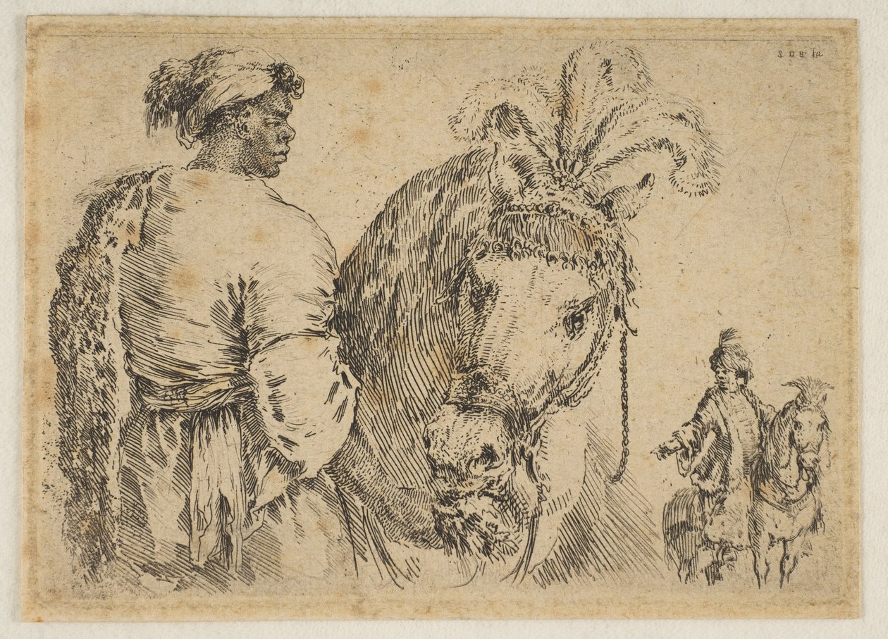 En sort mand fodrer en hest, ca. 1662. af Stefano della Bella
