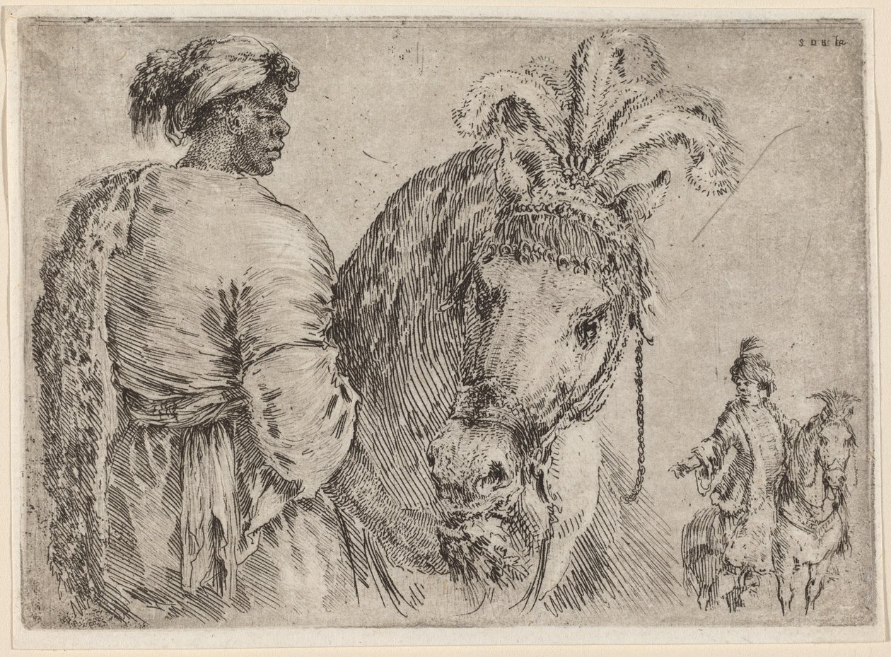 En sort mand fodrer en hest, sandsynligvis 1662. af Stefano della Bella