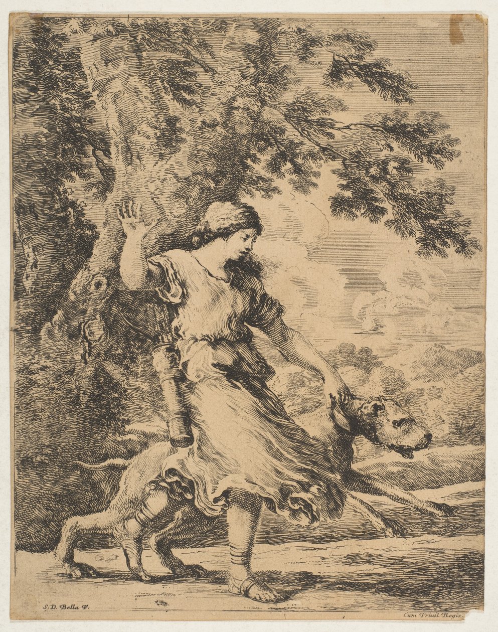 En nymfe, der holder en stor hund i halsbåndet, ca. 1654. af Stefano della Bella