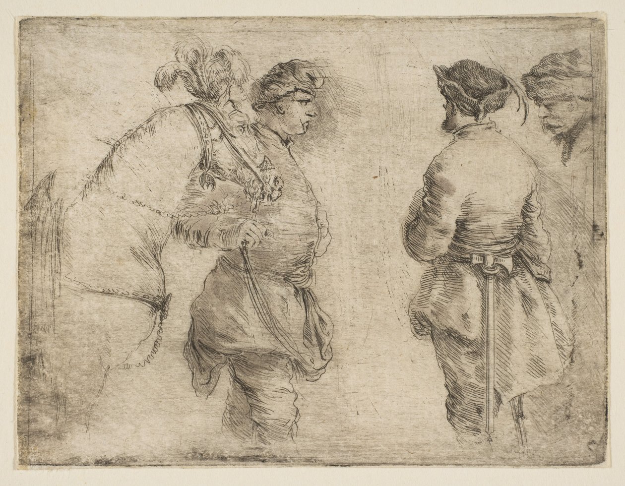 En stang, der fører en hest ved tøjlen og taler med to andre mænd, ca. 1662. af Stefano della Bella