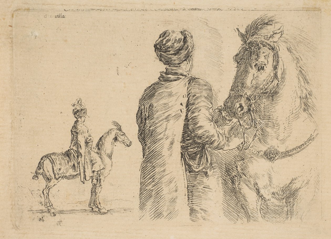 En polsk brudgom, bagfra, med en hest ved tøjlen, ca. 1662. af Stefano della Bella