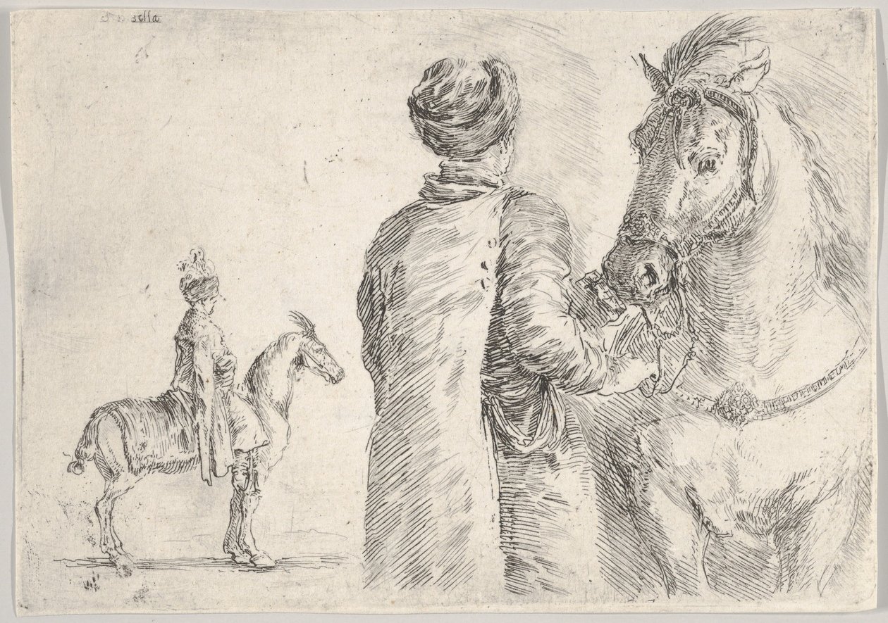 En polsk kammertjener, set bagfra, der holder tøjlen på en hest til højre, en polsk hor..., ca. 1662. af Stefano della Bella