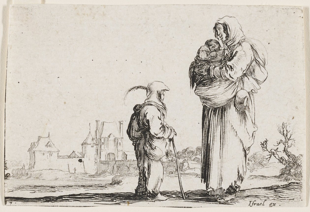 En fattig stående kvinde, der holder et spædbarn, fra Caprices, tavle 7 af Stefano della Bella