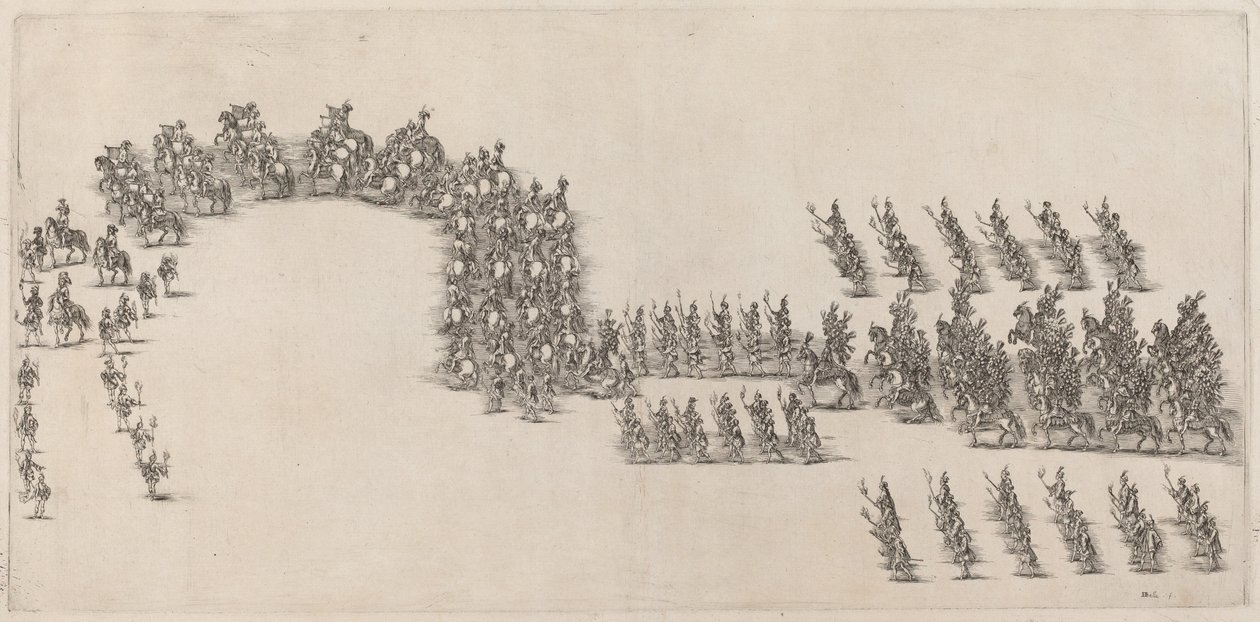 En procession af 60 kavalerer og fakkelbærere, 1652. af Stefano della Bella