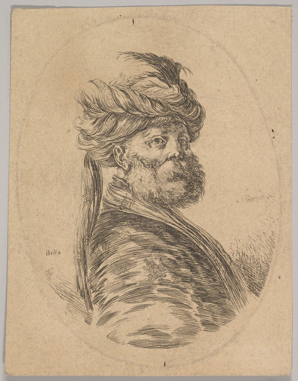 En tyrkisk mand med skæg og turban med en lang fjer foran, blev trekvart..., 1650. af Stefano della Bella