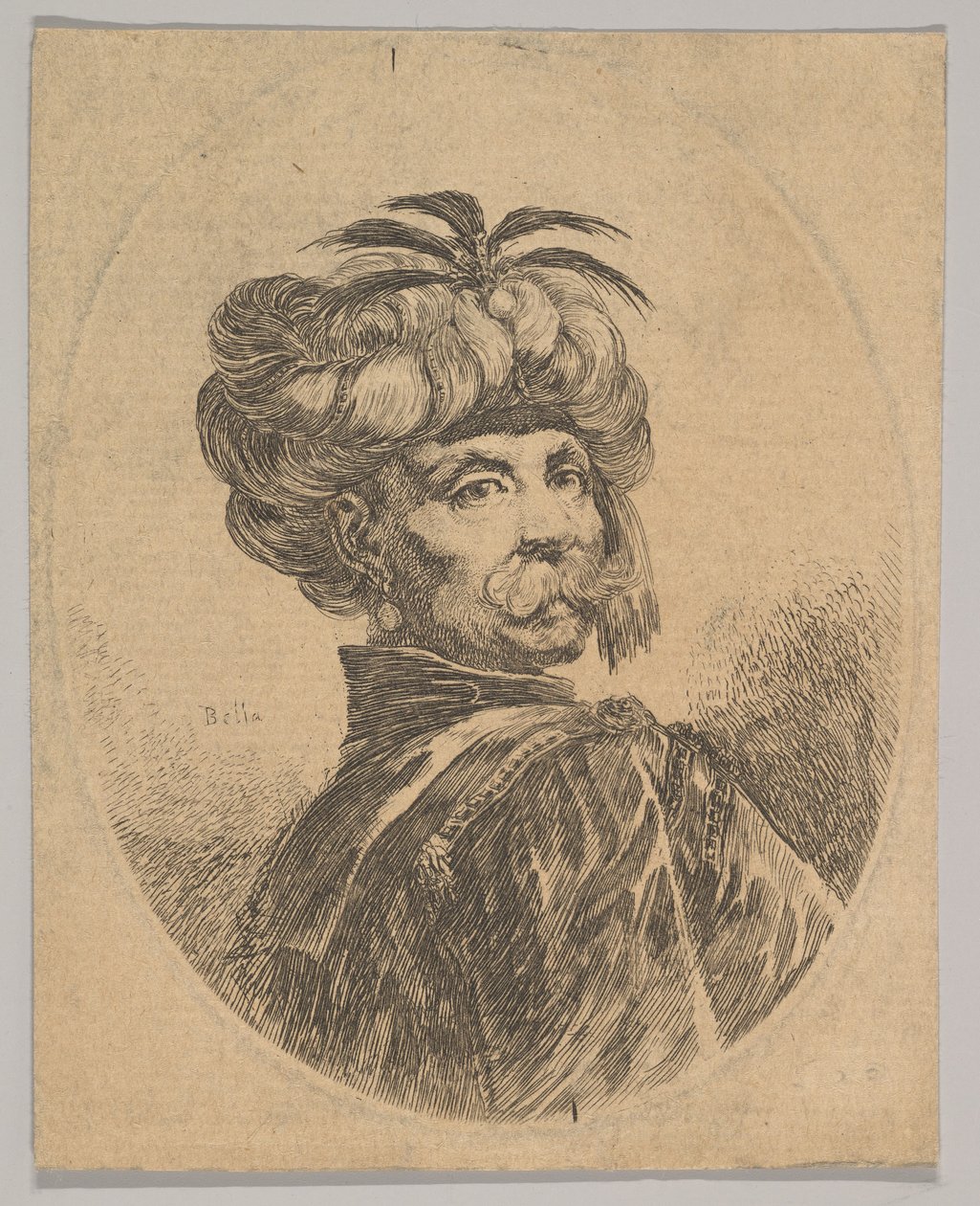 En tyrkisk mand med overskæg, iført en turban dekoreret med fem hejrefjer, turne..., 1650. af Stefano della Bella