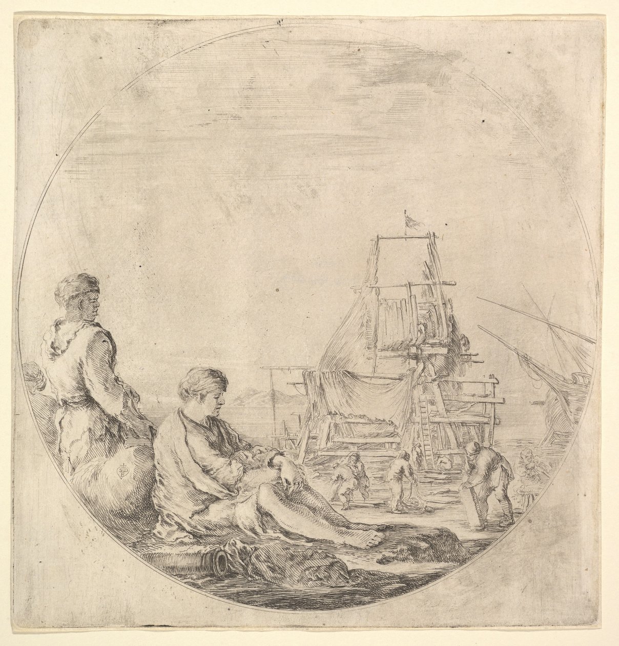 En sort sømand stående til venstre, i profil til højre, en hvid sømand siddende i ..., ca. 1658-63. af Stefano della Bella