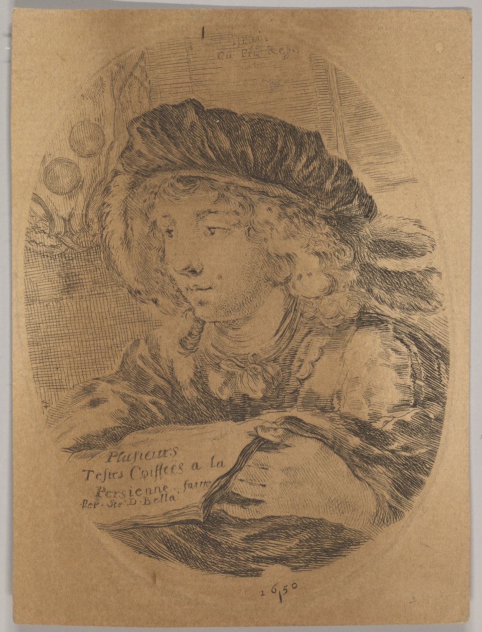 En buste af en ung mand iført en kasket med fjer, drejet tre fjerdedele til venstre, den ..., 1650. af Stefano della Bella
