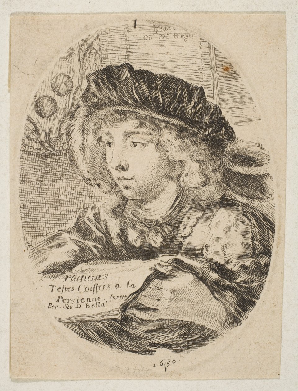 En buste af en ung mand iført en kasket med fjer, drejet tre fjerdedele til venstre, den ..., 1650. af Stefano della Bella