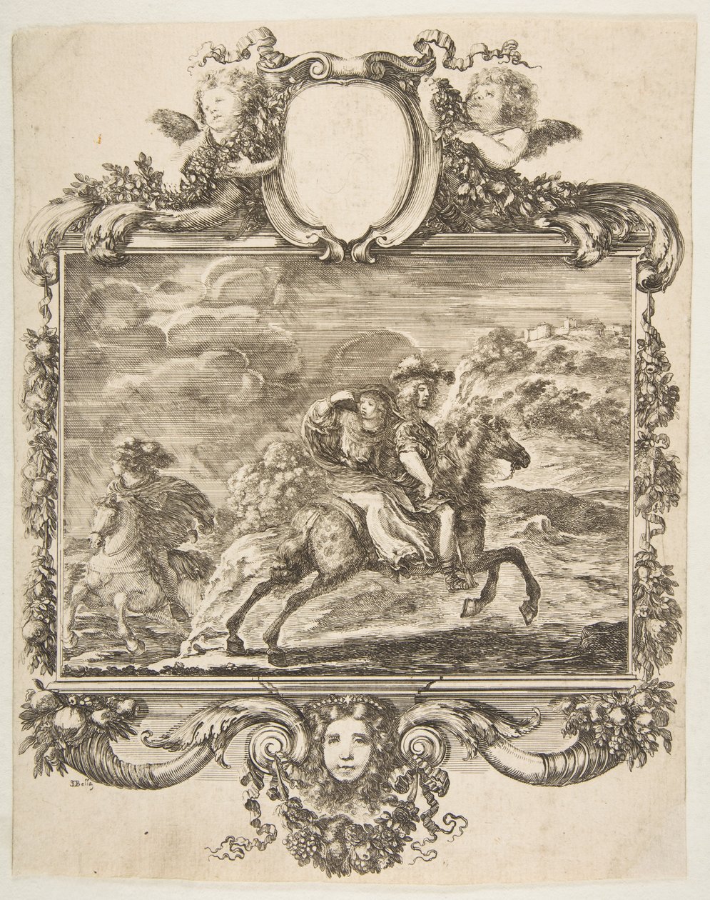 En kavaler og en dame til hest, inden for en udsmykket kant dekoreret med frugt og c..., ca. 1655. af Stefano della Bella
