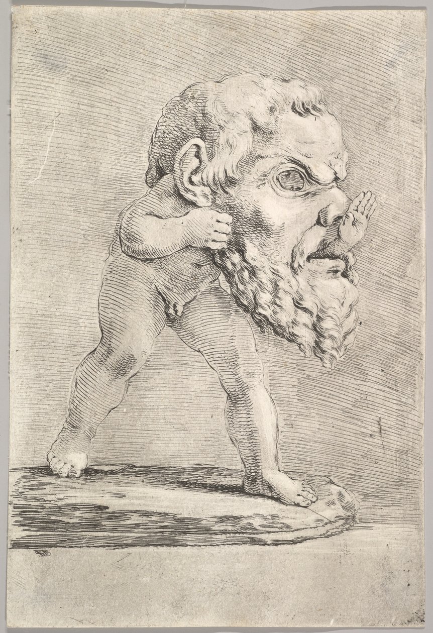 Et barn, der bærer en stor maske og fører sin hånd gennem munden, ca. 1660. af Stefano della Bella
