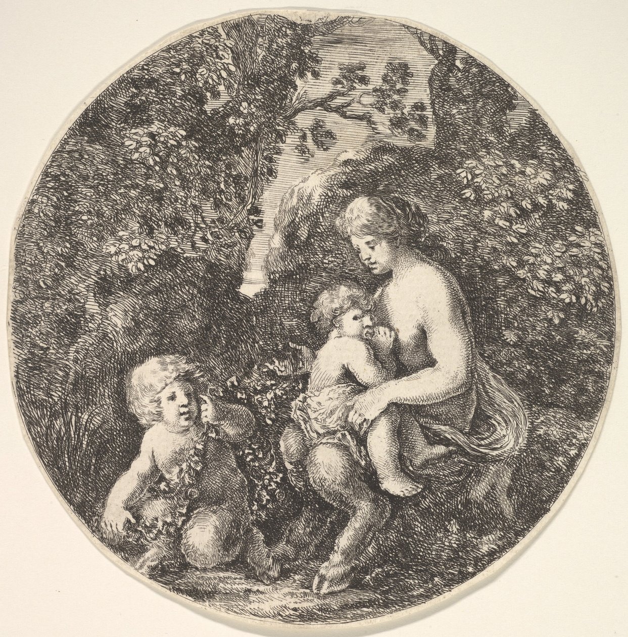 En kvindelig satyr, der ammer et barn til højre, vendt mod venstre, et satyrbarn..., 1639. af Stefano della Bella