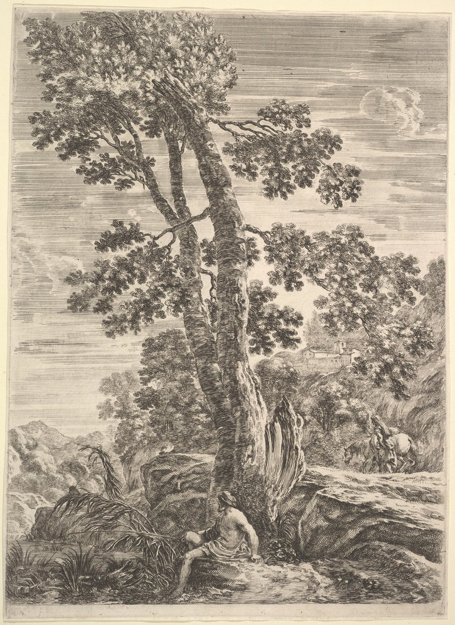 En fisker i midten vendt mod venstre og lænet op ad et stort træ, en kvinde gående..., ca. 1652-57. af Stefano della Bella