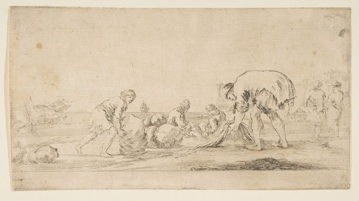 En fisker, der bringer sine net ind, en mand til venstre, der skubber en balle til højre, to-sædet..., ca. 1662. af Stefano della Bella